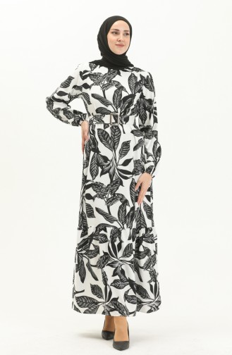 Belted Patterned Viscose Dress 2439-01 white Black 2439-01