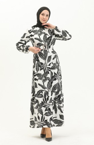 Belted Patterned Viscose Dress 2439-01 white Black 2439-01