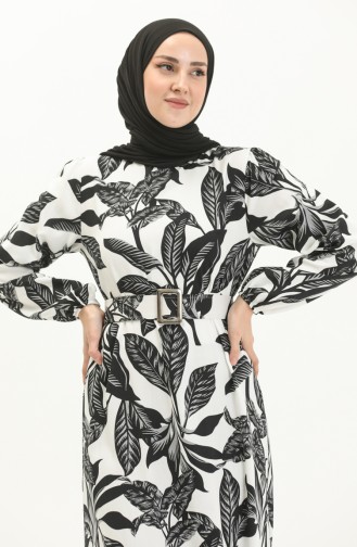 Belted Patterned Viscose Dress 2439-01 white Black 2439-01