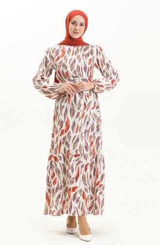 Robe en Viscose Ceinturée à Motifs 2441-01 Blanc 2441-01