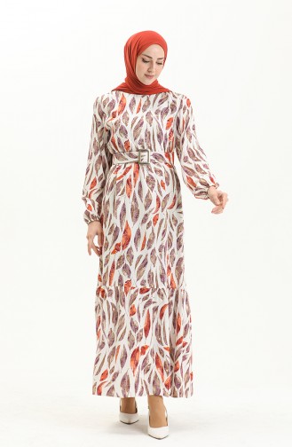 Robe en Viscose Ceinturée à Motifs 2441-01 Blanc 2441-01