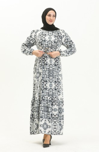 Gemustertes Kleid mit Gürtel aus Viskose 2442-02 Grau Weiß 2442-02