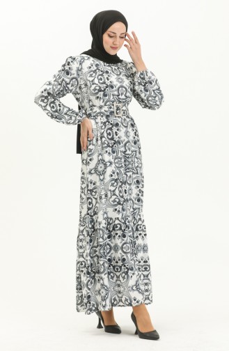 Belted Patterned Viscose Dress 2442-02 Gray white 2442-02