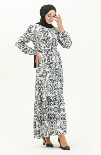 Gemustertes Kleid mit Gürtel aus Viskose 2442-02 Grau Weiß 2442-02