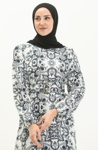 Gemustertes Kleid mit Gürtel aus Viskose 2442-02 Grau Weiß 2442-02