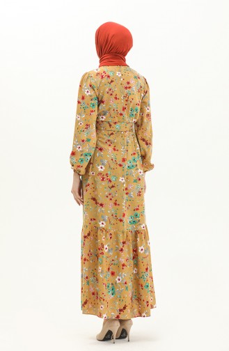 Belted Patterned Viscose Dress 2438-03 Mustard 2438-03