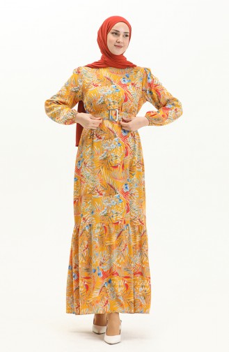 Belted Patterned Viscose Dress 2244-02 Mustard 2244-02