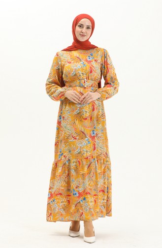 Belted Patterned Viscose Dress 2244-02 Mustard 2244-02