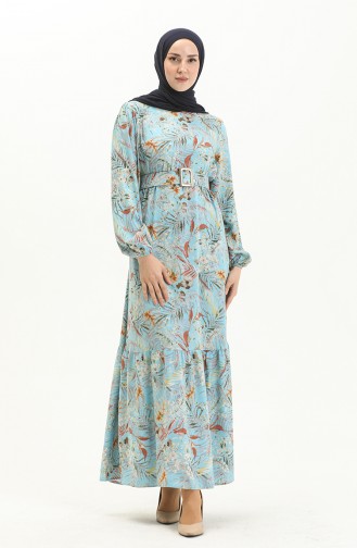 Gemustertes Kleid mit Gürtel aus Viskose 2244-04 Blau 2244-04