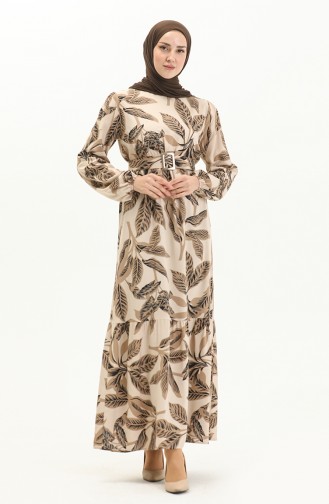 Belted Patterned Viscose Dress 2439-03 Mink 2439-03