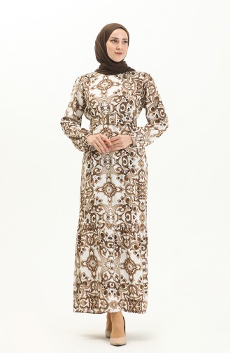 Gemustertes Kleid mit Gürtel aus Viskose 2442-03 Nerz Weiß 2442-03
