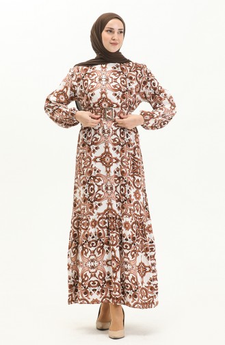 Gemustertes Kleid mit Gürtel aus Viskose 2442-04 Tabak Weiß 2442-04
