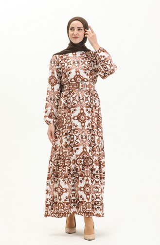 Gemustertes Kleid mit Gürtel aus Viskose 2442-04 Tabak Weiß 2442-04