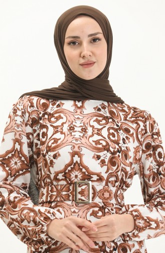 Gemustertes Kleid mit Gürtel aus Viskose 2442-04 Tabak Weiß 2442-04