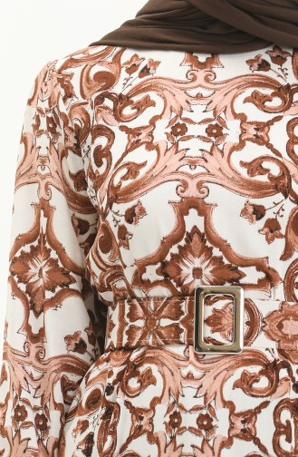 Gemustertes Kleid mit Gürtel aus Viskose 2442-04 Tabak Weiß 2442-04