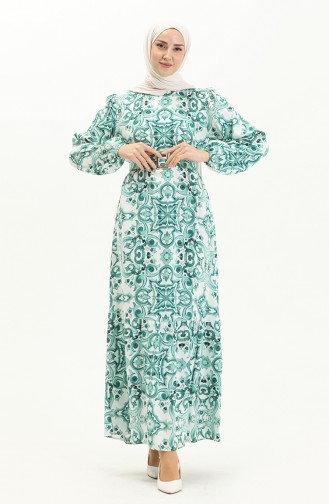 Belted Patterned Viscose Dress 2442-05 Green white 2442-05