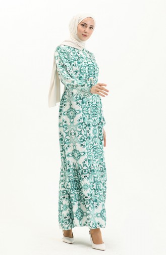 Belted Patterned Viscose Dress 2442-05 Green white 2442-05