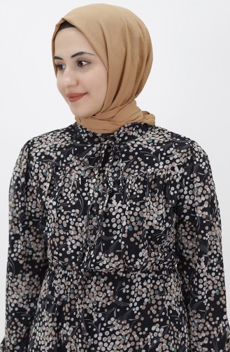 Çiçek Dal Desenli Şifon Elbise 8009-05 Siyah