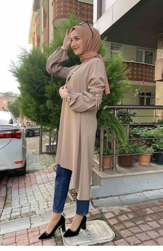 Balon Kol Kolye Detaylı Tesettür Tunik 0119A-09 Vizon