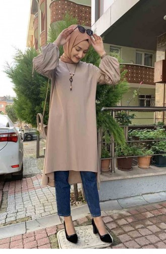 Balon Kol Kolye Detaylı Tesettür Tunik 0119A-09 Vizon
