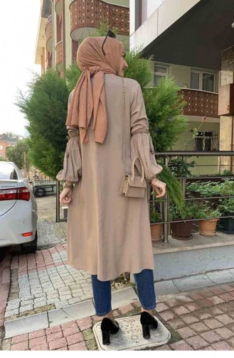 Balon Kol Kolye Detaylı Tesettür Tunik 0119A-09 Vizon