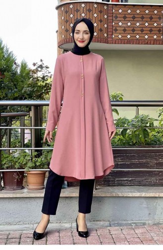 Düğme Detaylı Tunik Pudra