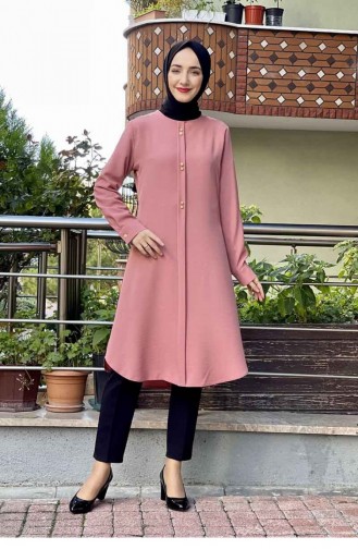 Düğme Detaylı Tunik Pudra