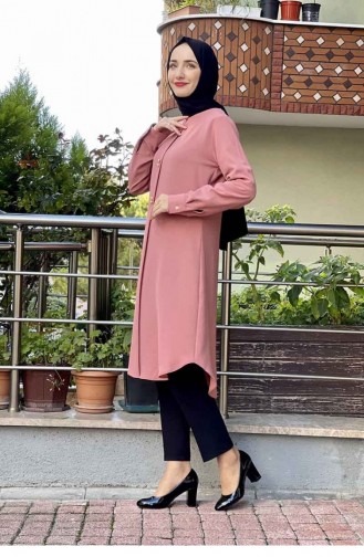 Düğme Detaylı Tunik Pudra