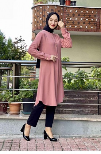 Düğme Detaylı Tunik Pudra