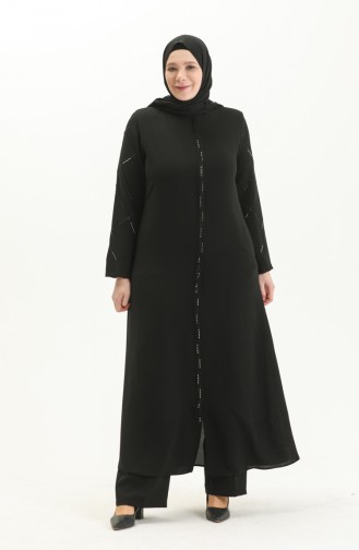 Plus Size Stone Printed Abaya 5045-01 Black 5045-01