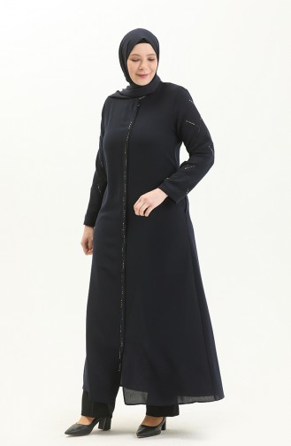 Plus Size Stone Printed Abaya 5045-02 Navy Blue 5045-02