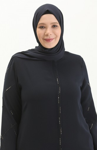 Bestickte Abaya in Übergröße 5045-02 Dunkelblau 5045-02