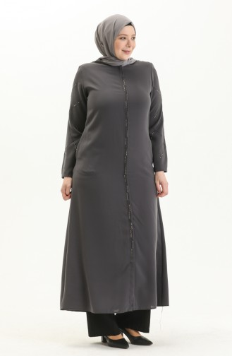 Bestickte Abaya in Übergröße 5045-05 Grau 5045-05