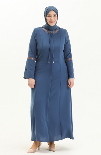 Bestickte Abaya in Übergröße 5046-06 İndigo 5046-06