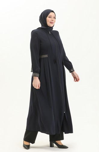 Bestickte Abaya in Übergröße 5047-02 Dunkelblau 5047-02