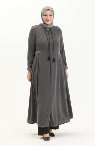 Bestickte Abaya in Übergröße 5047-05 Grau 5047-05