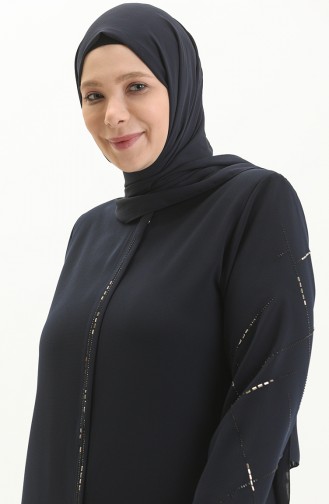 Plus Size Stone Printed Abaya 3018-04 Dark Blue 3018-04