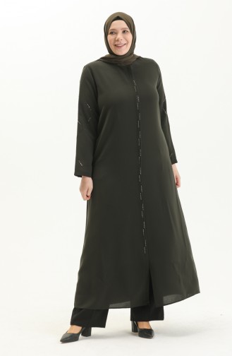 Plus Size Stone Printed Abaya 3018-05 Khaki 3018-05