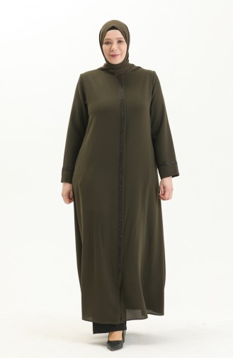 Plus Size Stone Printed Abaya 3020-04 Khaki 3020-04