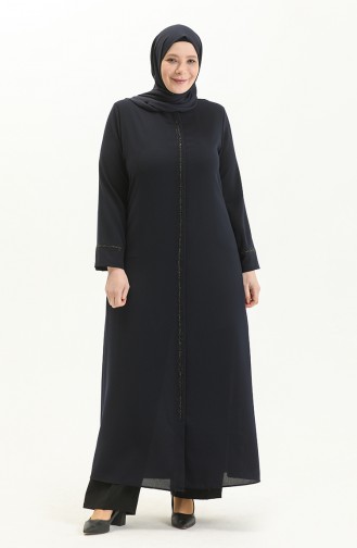 Plus Size Stone Printed Abaya 5055-05 Navy Blue 5055-05