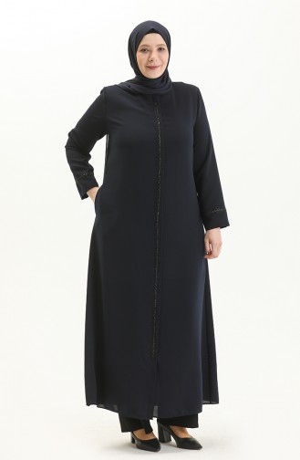 Plus Size Stone Printed Abaya 5055-05 Navy Blue 5055-05