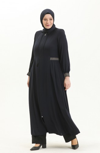 Plus Size Embroidered Crepe Abaya 8016-02 Navy Blue 8016-02