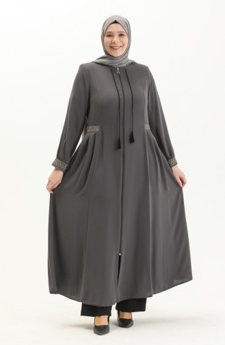 Bestickte Abaya aus Krepp in Übergröße 8016-03 Rauchgrau 8016-03