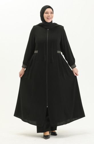 Bestickte Abaya aus Krepp in Übergröße 8016-06 Schwarz 8016-06