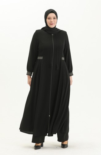 Bestickte Abaya aus Krepp in Übergröße 8016-06 Schwarz 8016-06