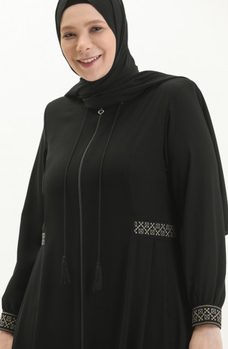 Bestickte Abaya aus Krepp in Übergröße 8016-06 Schwarz 8016-06