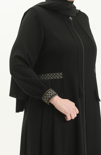 Bestickte Abaya aus Krepp in Übergröße 8016-06 Schwarz 8016-06