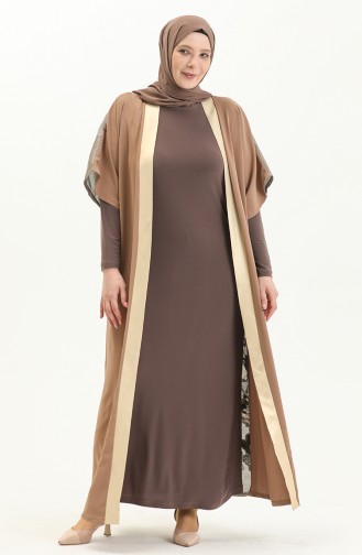 Übergröße Kleid Abaya Zweier-Set 8104-04 Beige Dunkelbraun 8104-04