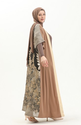 Übergröße Kleid Abaya Zweier-Set 8104-04 Beige Dunkelbraun 8104-04