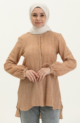 Gingham Print Asymmetric Tunic 15061-01 Tan 15061-01